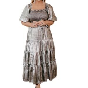 a loves a satin foil smocked puff short sleeve tiered midi dress